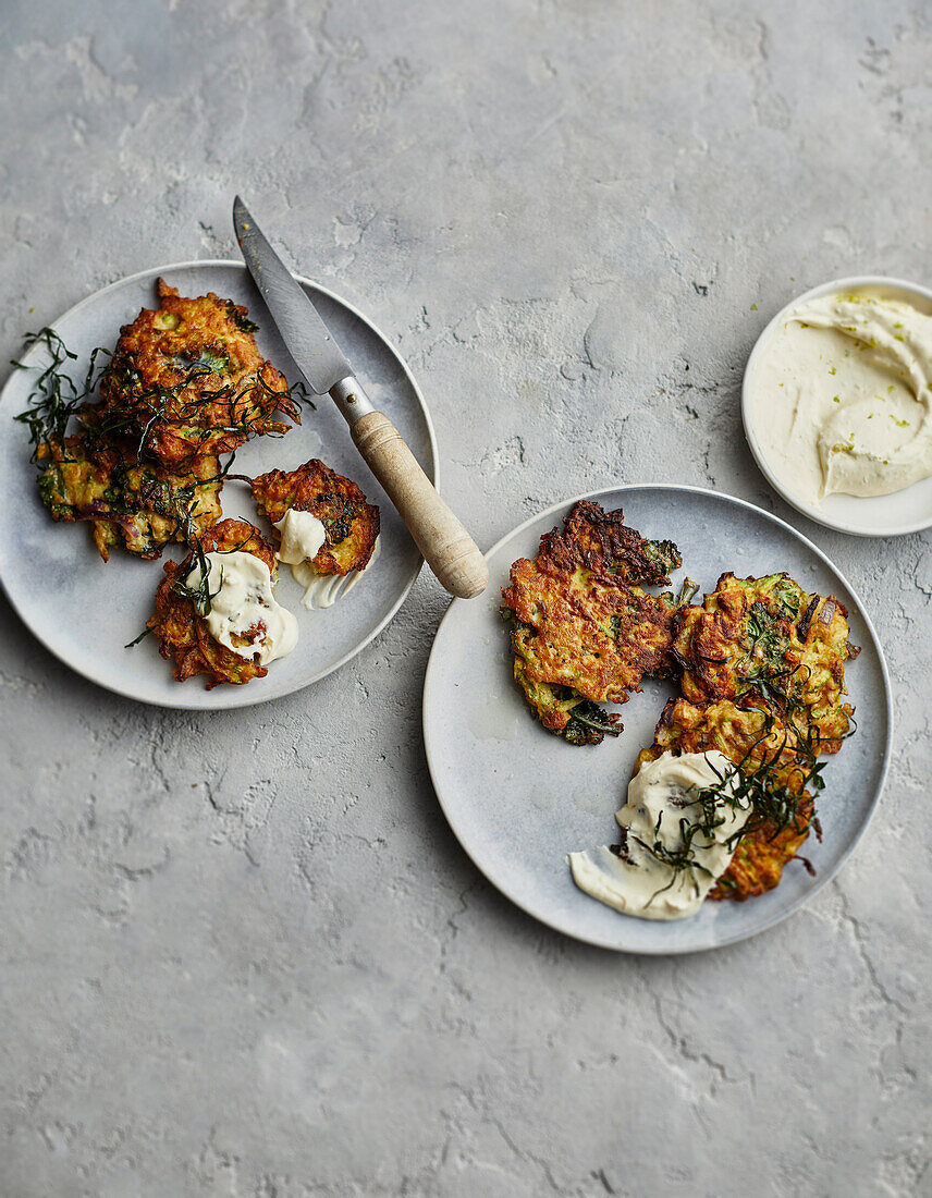 Zucchini fritters with makrut lime creme