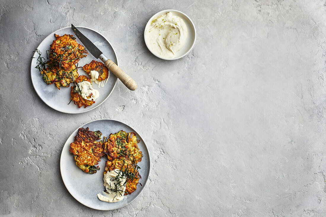 Zucchini fritters with makrut lime creme