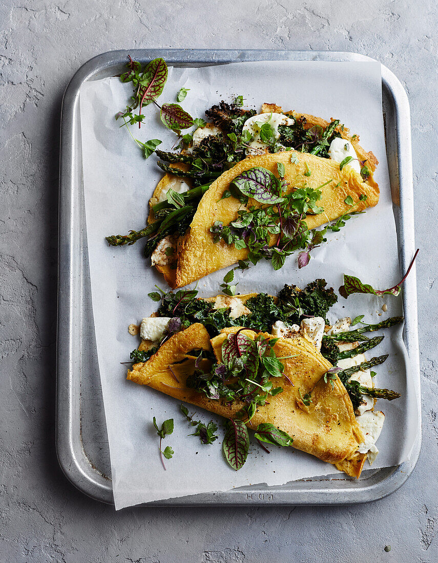 Chickpea pancakes with balsamic greens