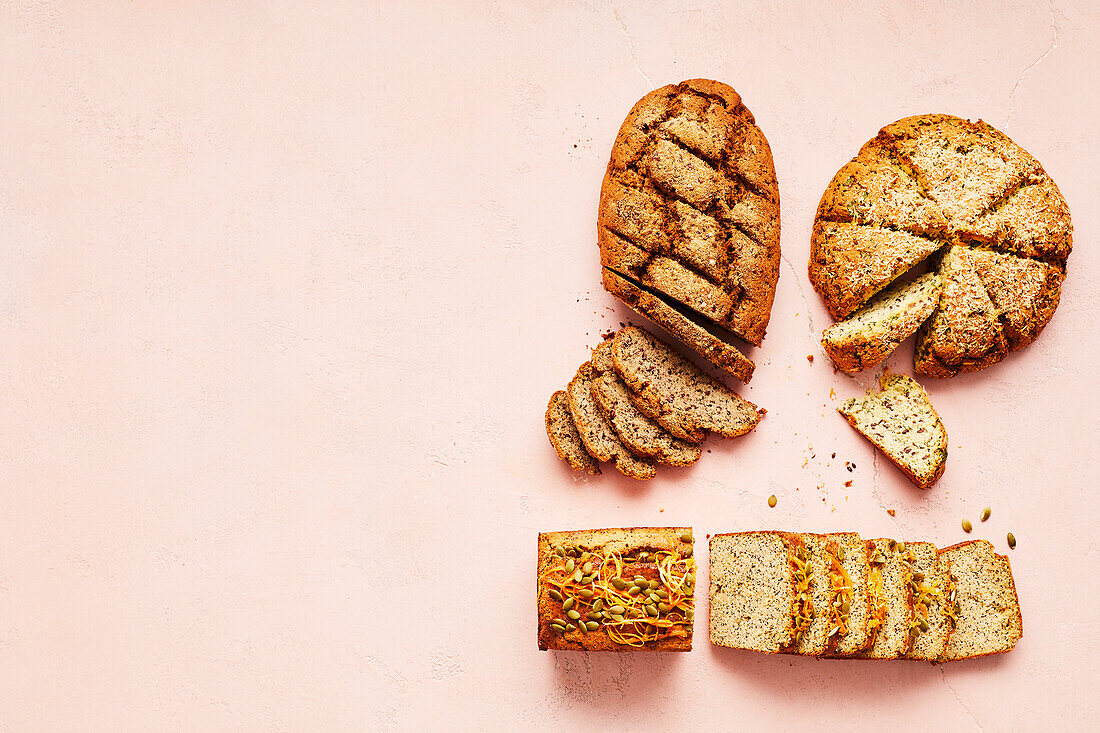 3x keto bread - spinach, cheese and chives, orange and poppy seed, seeded loaf