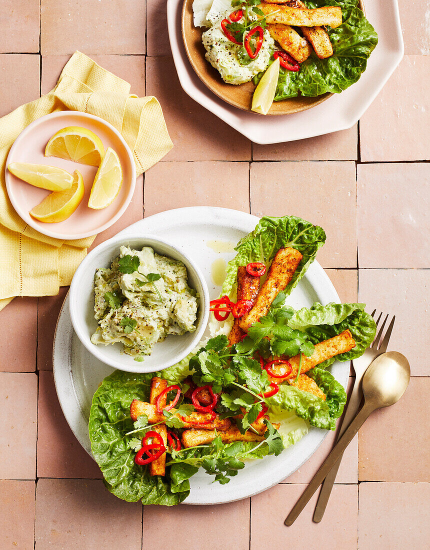 Spicy haloumi fries with avocado cream