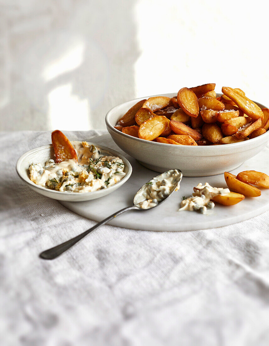 Twice-cooked crispy kipfler potatoes with gribiche sauce