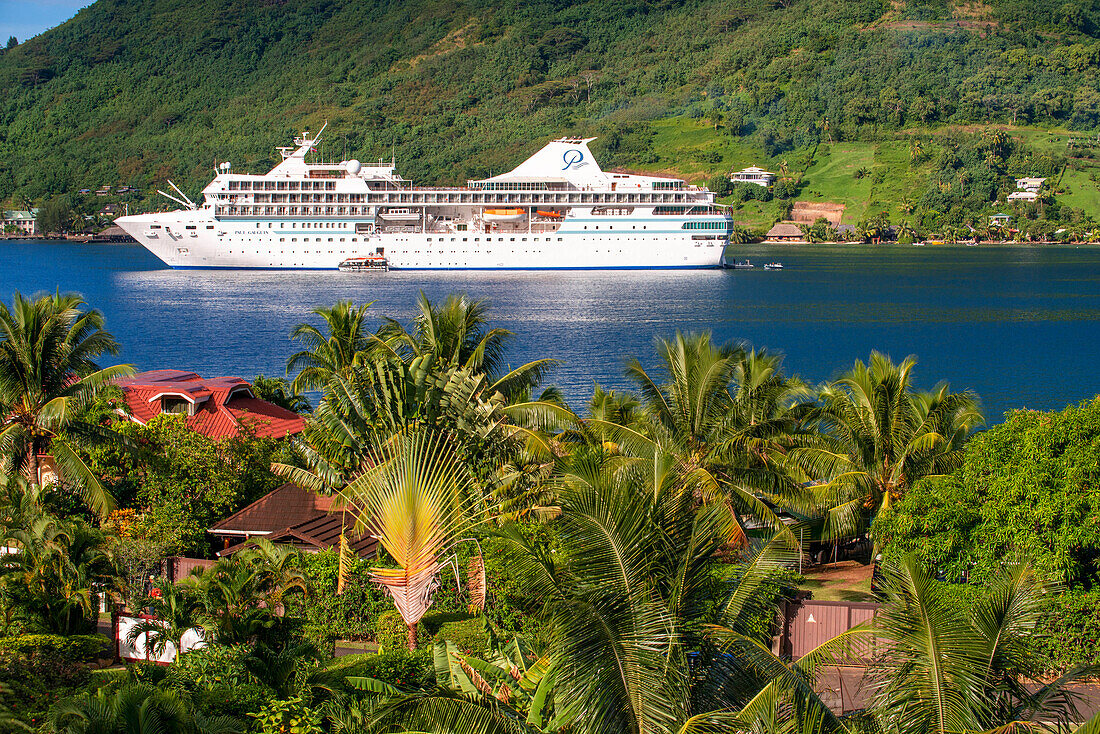 Paul Gauguin cruise anchored in Moorea, French Polynesia, Society Islands, South Pacific.