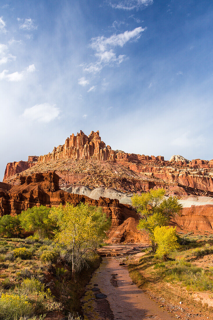 Das Schloss im Capitol Reef National Park, Utah, mit dem Fremont River und Pappeln in Herbstfarben.