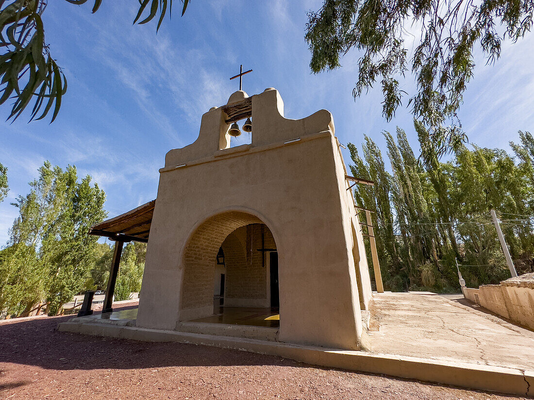 The facade of the 18th Century Capilla de Calavete in Calingasta, San Juan, Argentina.