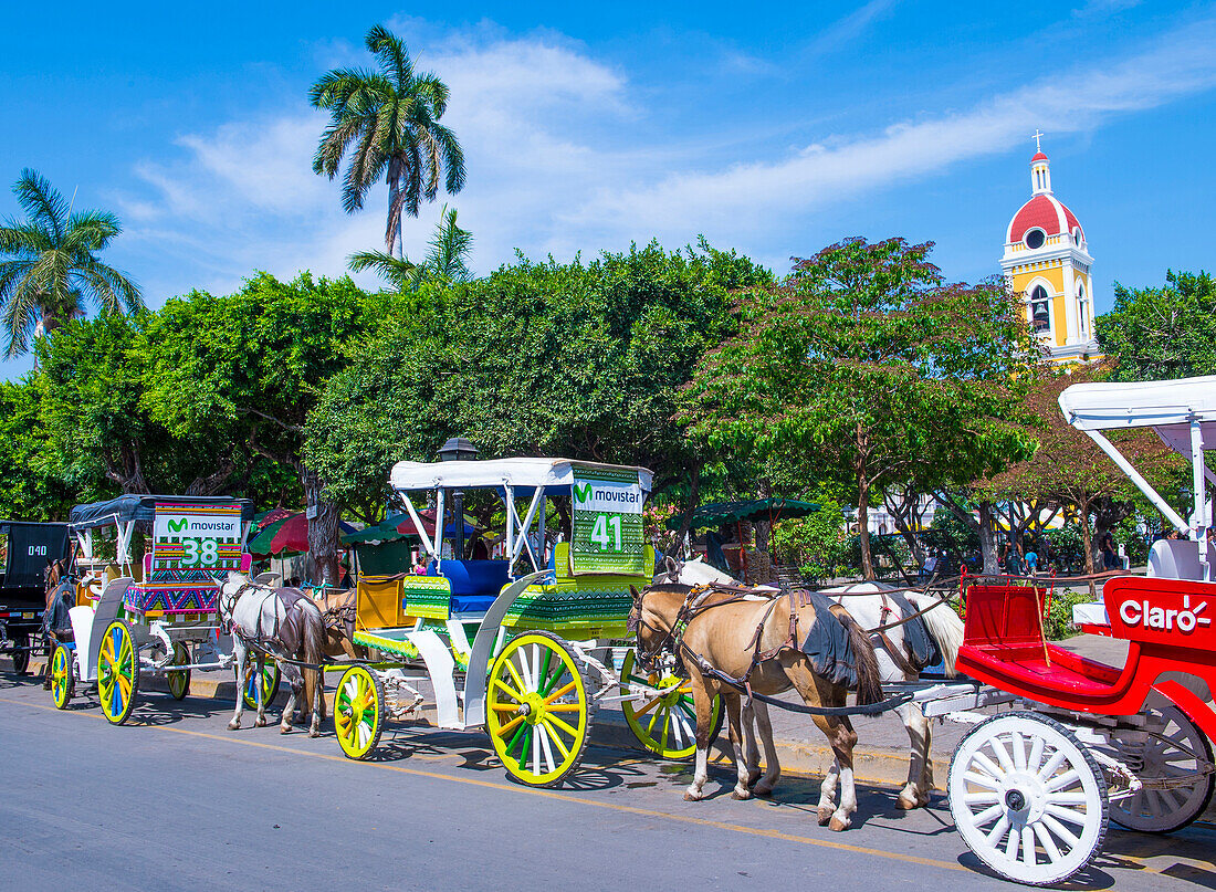 Pferdewagen in Granada, Nicaragua. Granada wurde 1524 gegründet und ist die erste europäische Stadt auf dem amerikanischen Festland.