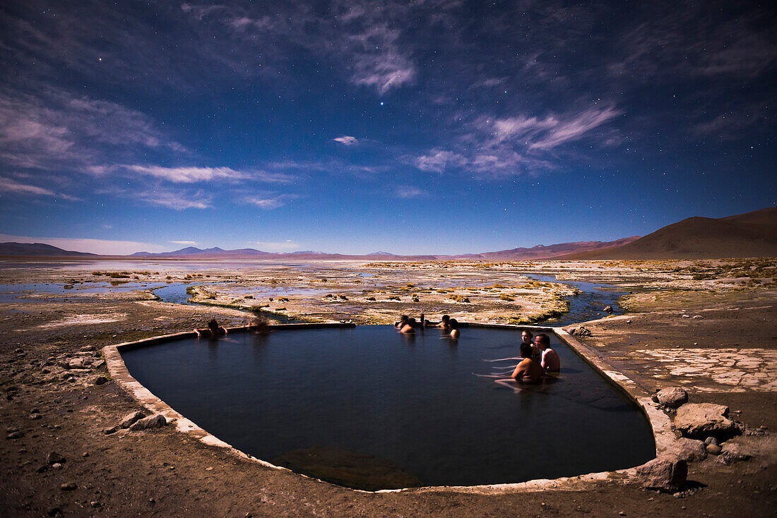 Polques Hot Springs (Termas de Polques) at night, Salar de Chalviri, Altiplano of Bolivia