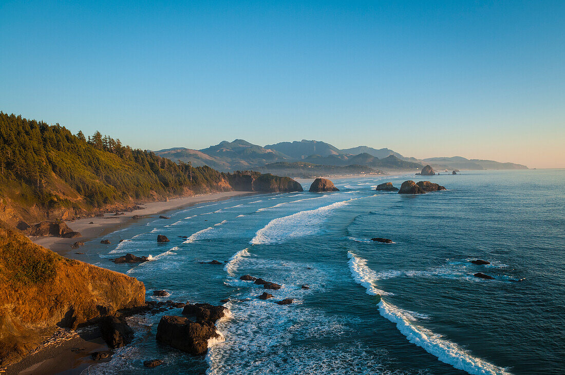 Ecola State Park view to Crescent Beach, Cannon Beach, Haystack Rock and Hug Point; northern Oregon Coast.
