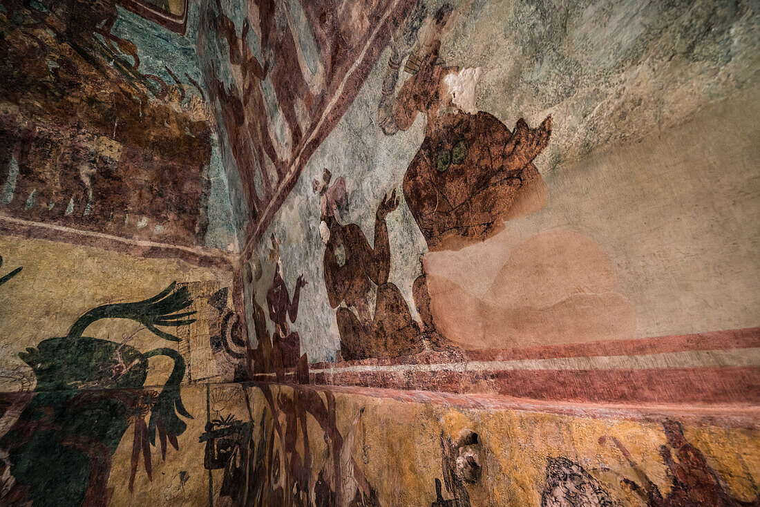 A fresco mural showing celebration and ritual in Room 3 of the Temple of the Murals in the ruins of the Mayan city of Bonampak in Chiapas, Mexico.