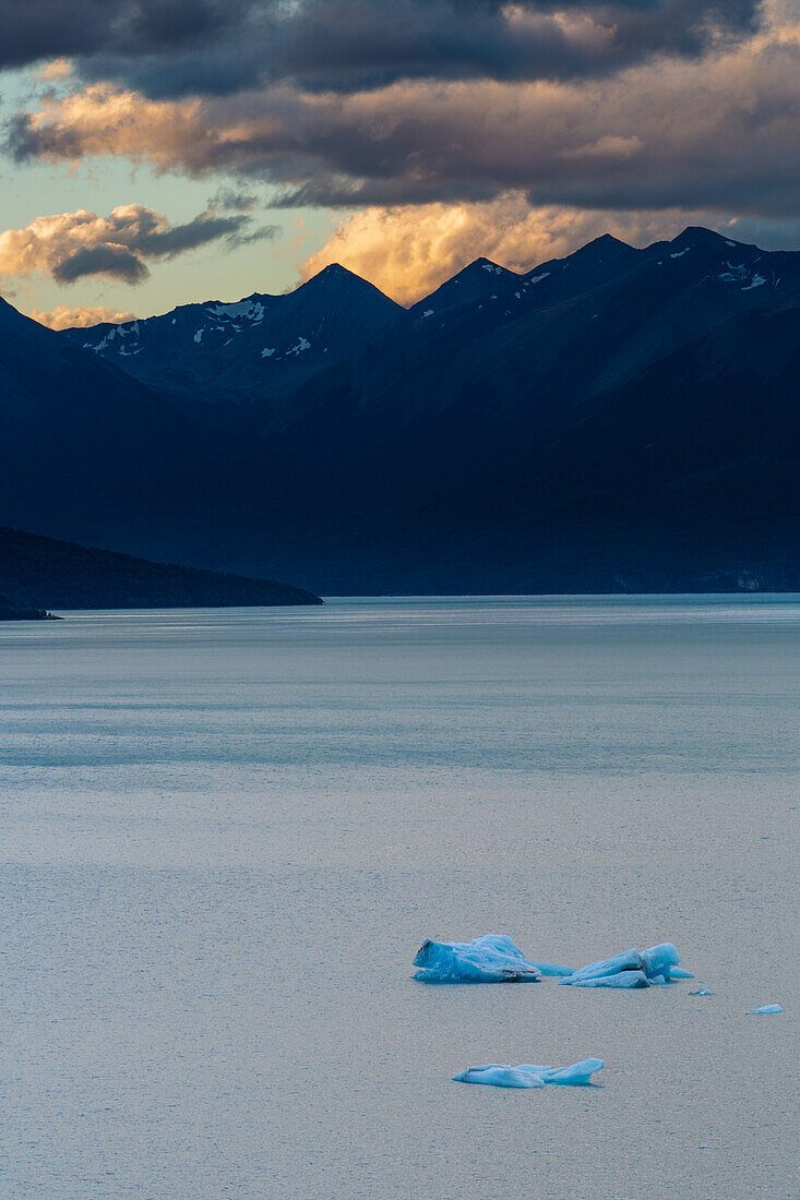 Eisberge des Perito-Moreno-Gletschers treiben im Lago Argentino im Los-Glaciares-Nationalpark in der Nähe von El Calafate, Argentinien. Eine UNESCO-Welterbestätte in der Region Patagonien in Südamerika.