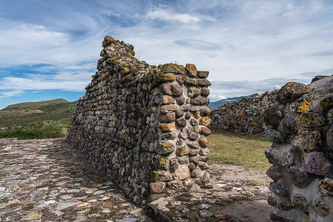 The Council Hall in the Zapotec ruins of Yagul is on the north side of Plaza 1 and was originall covered with stucco and painted red. It is thought to have been used as a meeting room for the rulers of Yagul.