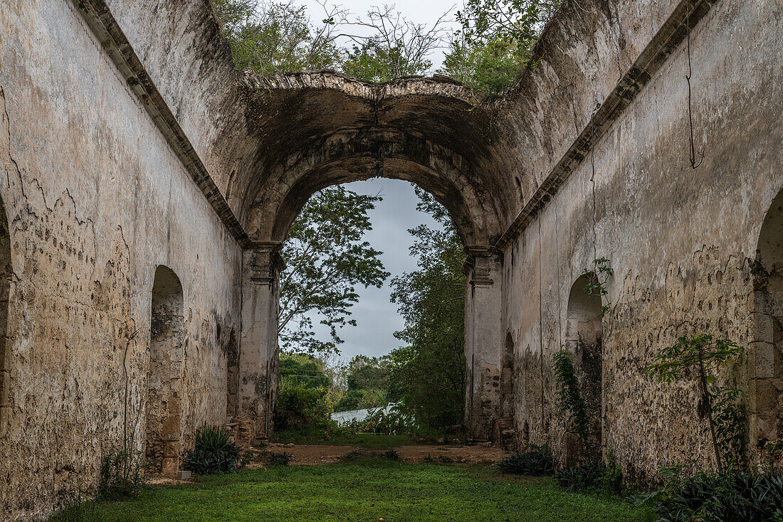 The roofless nave of the ruins of the old colonial church of San Francisco Asis in the village of Kikil, Yucatan, Mexico.
