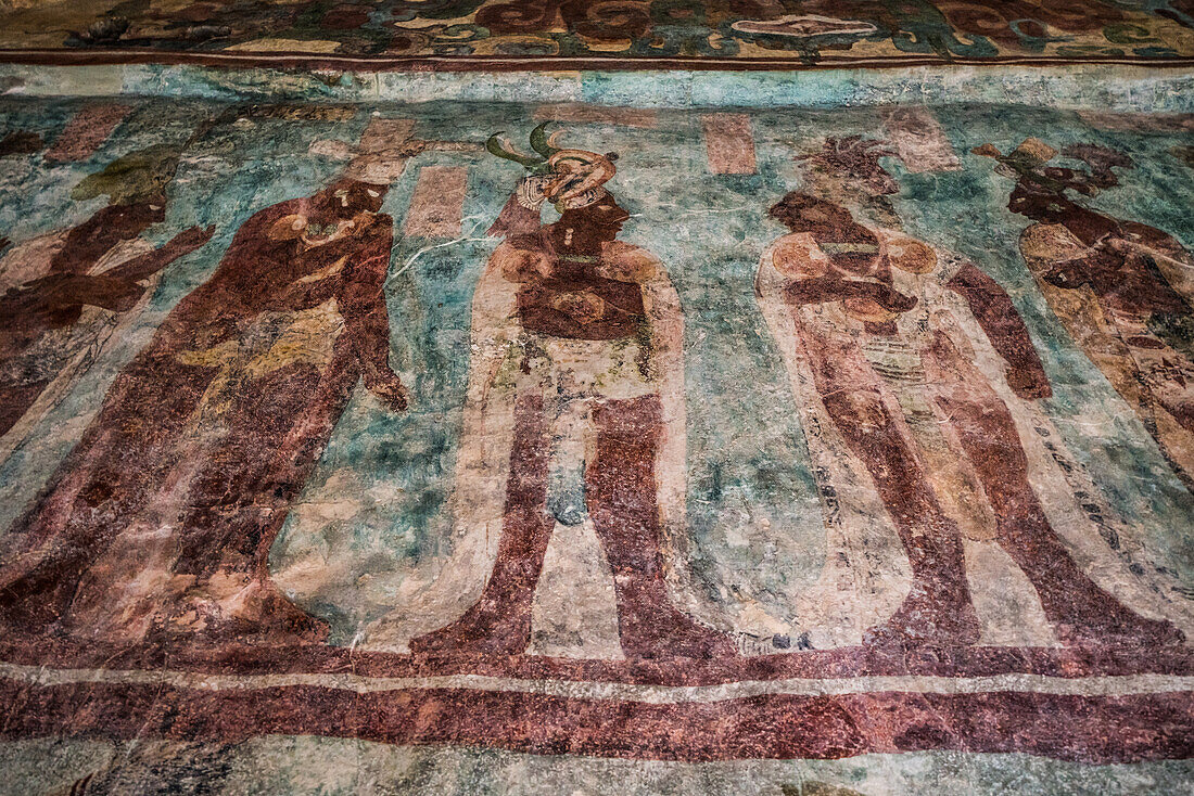 A fresco mural showing Mayan lords in Room 3 of the Temple of the Murals in the ruins of the Mayan city of Bonampak in Chiapas, Mexico.