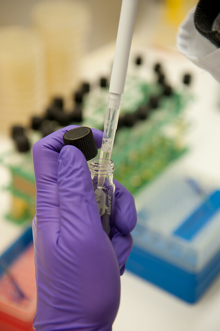 Wissenschaftlerin bei der Forschung in einem Lebensmittellabor mit einem Reagenzglas