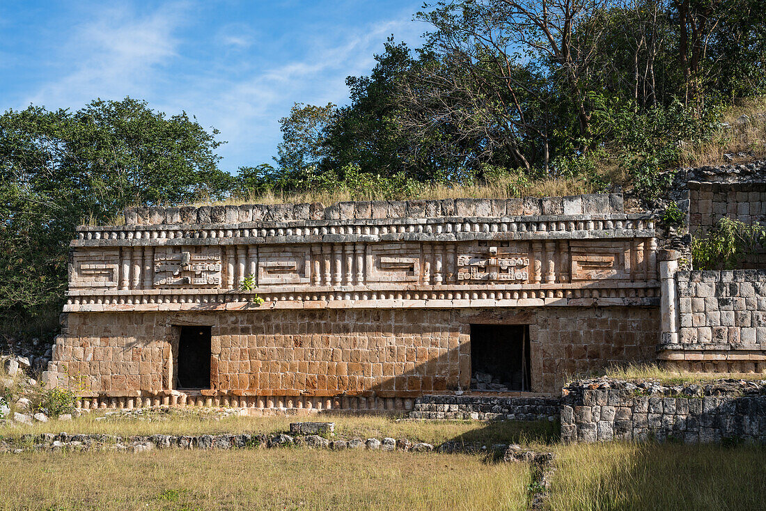 The Palace or El Palacio in the ruins of the Mayan city of Labna are part of the Pre-Hispanic Town of Uxmal UNESCO World Heritage Center in Yucatan, Mexico.