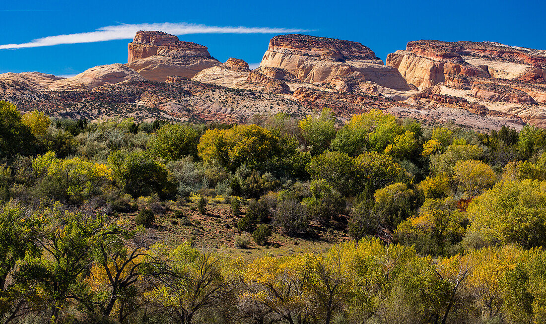 The Golden Throne and other eroded sandstone formations in Capitol Reef National Park in Utah, viewed from Notom Road.