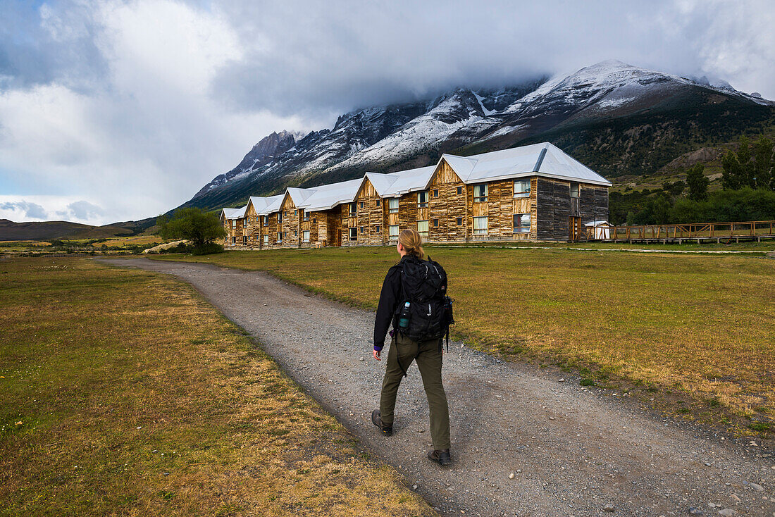 Starting hiking the W Trek from Hotel Las Torres Patagonia, Torres del Paine National Park, Patagonia, Chile