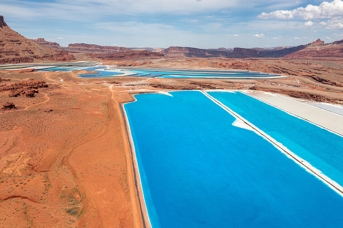 Evaporation ponds at a potash mine using a solution mining method for extracting potash near Moab, Utah. Blue dye is added to speed up evaporation.