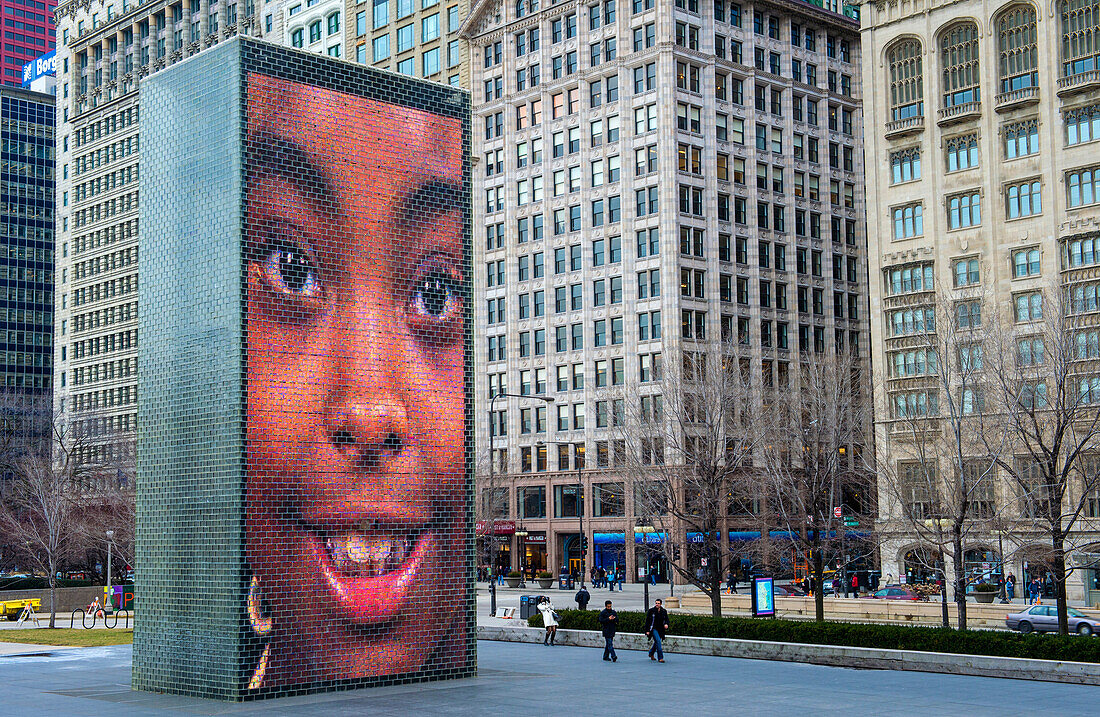 The Crown Fountain in Millennium Park in Chicago ,The fountain is interactive work of public art and video sculpture designed by Jaume Plensa