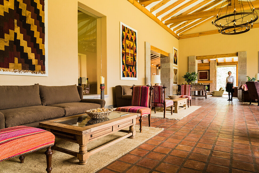 Lobby of Inkaterra Hacienda Urubamba, Sacred Valley, Peru.