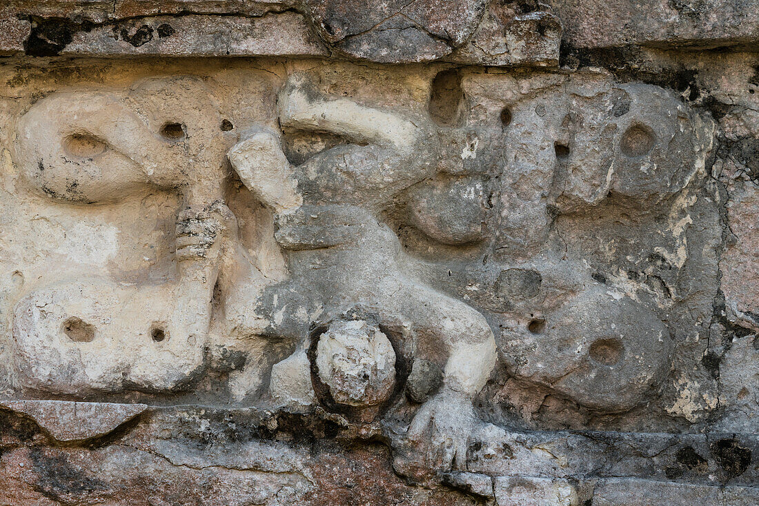 Sculpted stucco figures in the Temple of the Frescos in the ruins of the Mayan city of Tulum on the coast of the Caribbean Sea. Tulum National Park, Quintana Roo, Mexico.