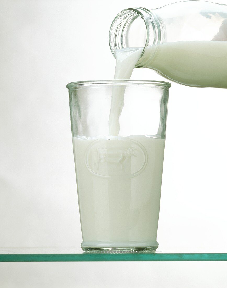 Milch aus der Flasche in Glas gießen