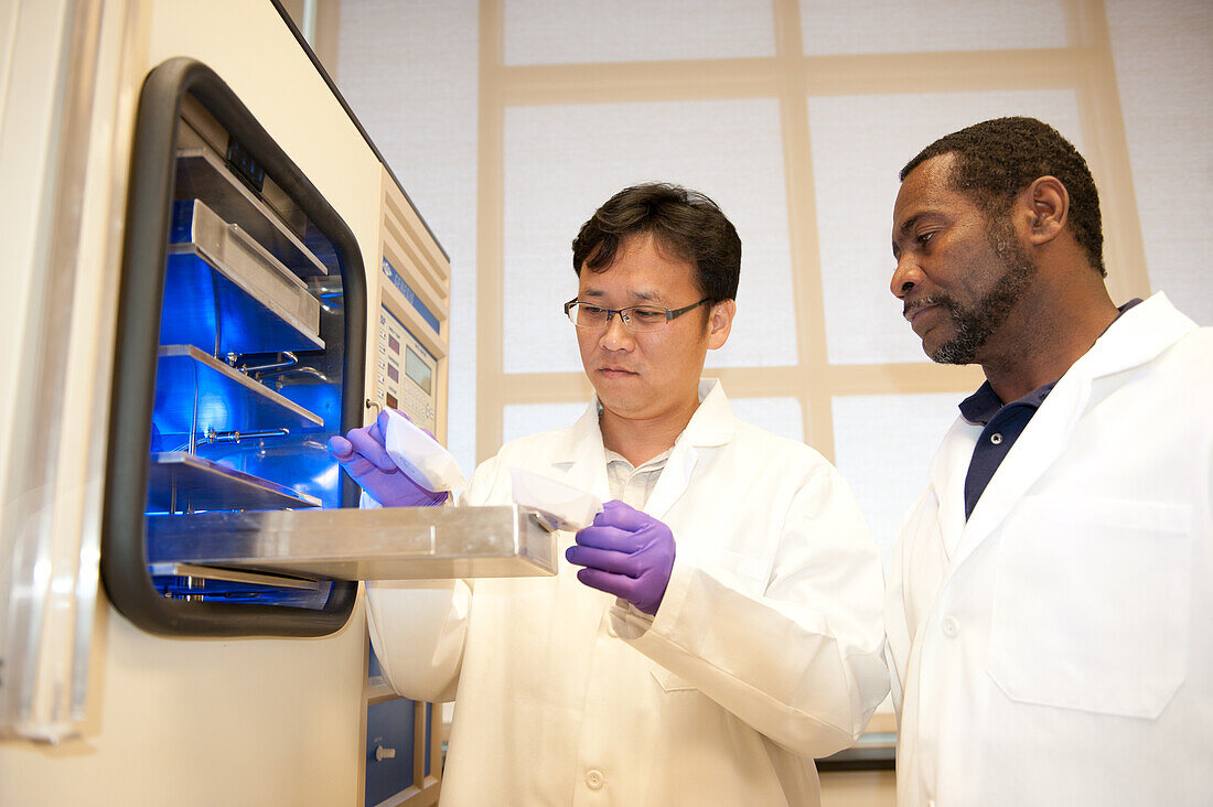 Scientists with freeze-dryer in food lab