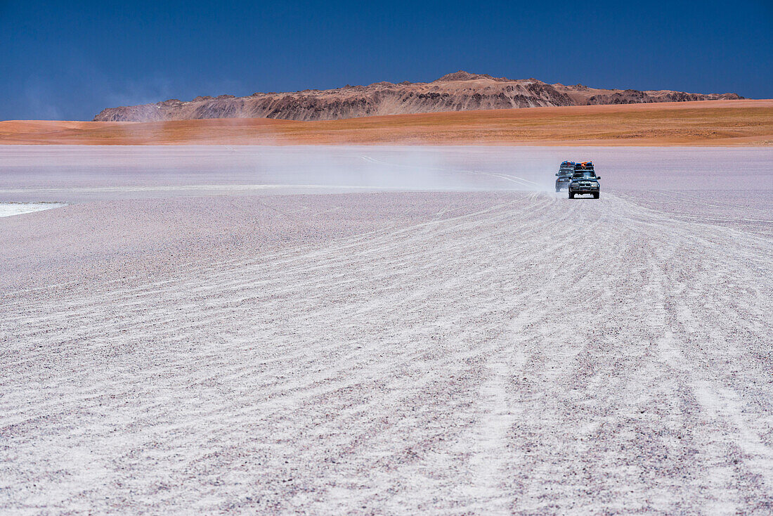 Autofahrt auf einer Salzwiese an der Laguna Hedionda, einem Salzsee im Altiplano von Bolivien