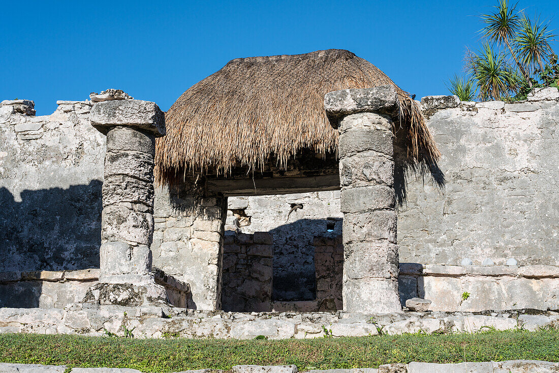 Das Haus der Chultun in den Ruinen der Maya-Stadt Tulum an der Küste des Karibischen Meeres. Tulum-Nationalpark, Quintana Roo, Mexiko. Es ist über einer Chultun oder Zisterne gebaut, die Wasser enthält. Durch die Türöffnung kann man einen Stachelschwanzleguan sehen, der sich in einem Loch in der Rückwand sonnt.