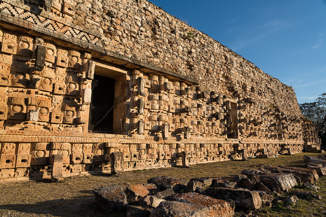 The Palace of the Masks or Codz Poop, meaning "the rolled mats", in the pre-Hispanic Mayan ruins of Kabah - part of the Pre-Hispanic Town of Uxmal UNESCO World Heritage Center in Yucatan, Mexico.