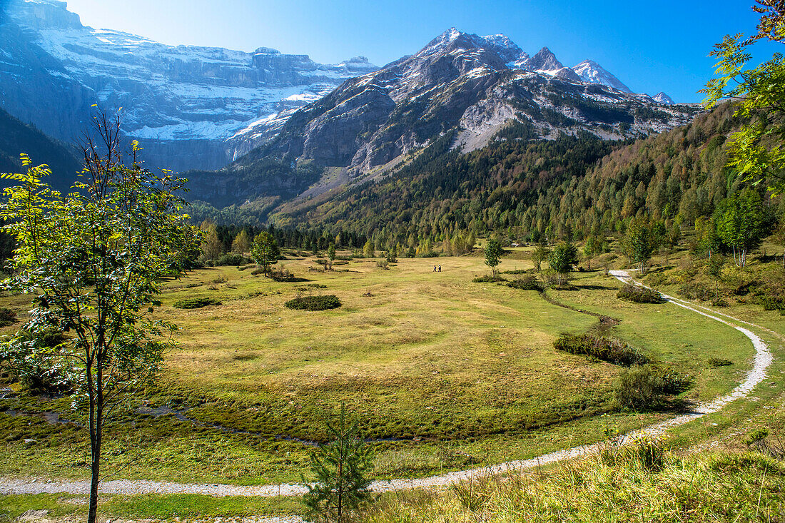 The Cirque de Gavarnie and the Gavarnie Falls / Grande Cascade de Gavarnie, highest waterfall of France in the Pyrenees. Hautes-Pyrenees, Gavarnie-Gèdre, Pyrenees National Park, Gavarnie cirque, listed as World Heritage by UNESCO.