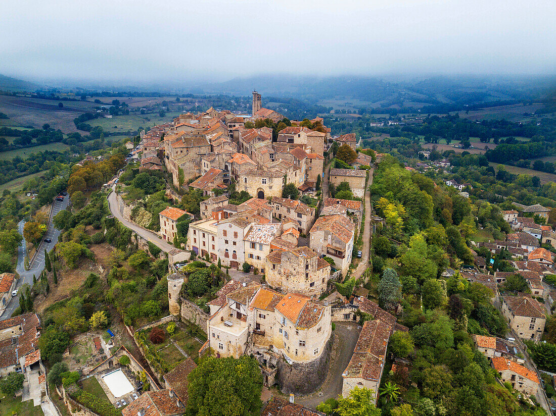 Aerial view of Cordes sur Ciel, labelled The Most Beautiful Villages of France, Tarn, Occitanie, France