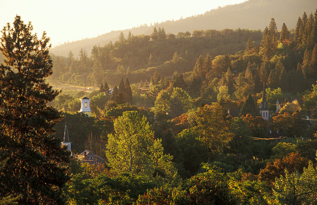 Jacksonville from town cemetery at sunrise; Jackson County, southwest Oregon.