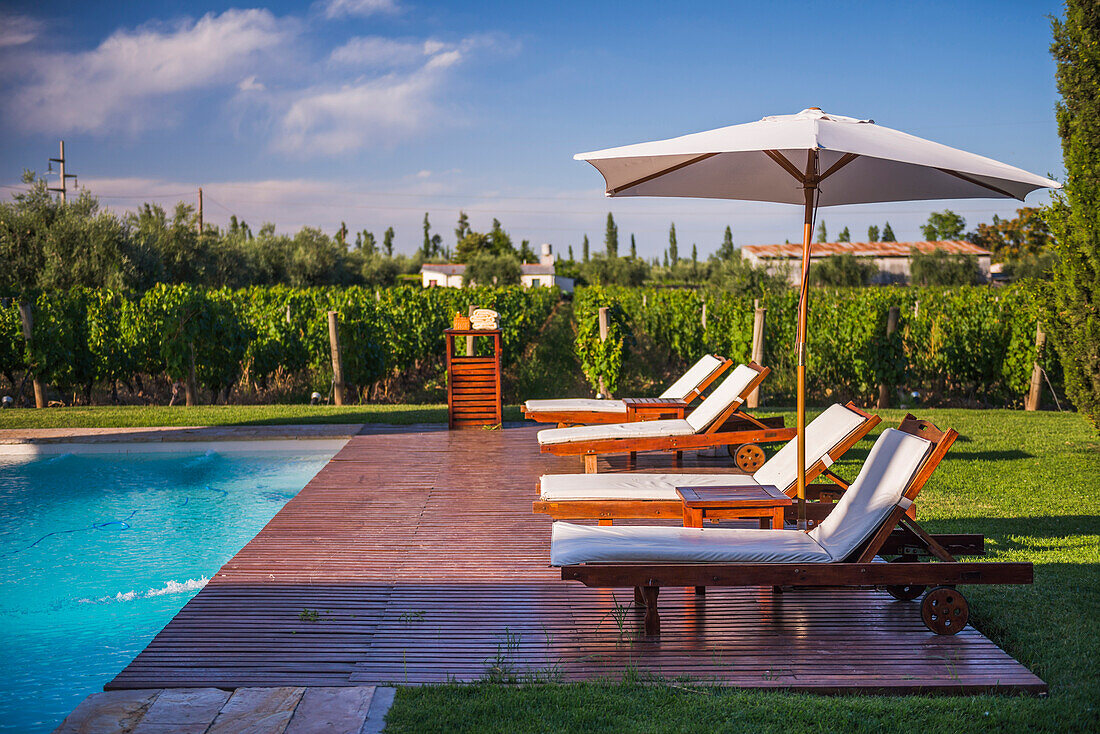 Liegestühle am Swimmingpool des Resort Club Tapiz Boutique Hotel in der Gegend von Maipu in der Provinz Mendoza, Argentinien