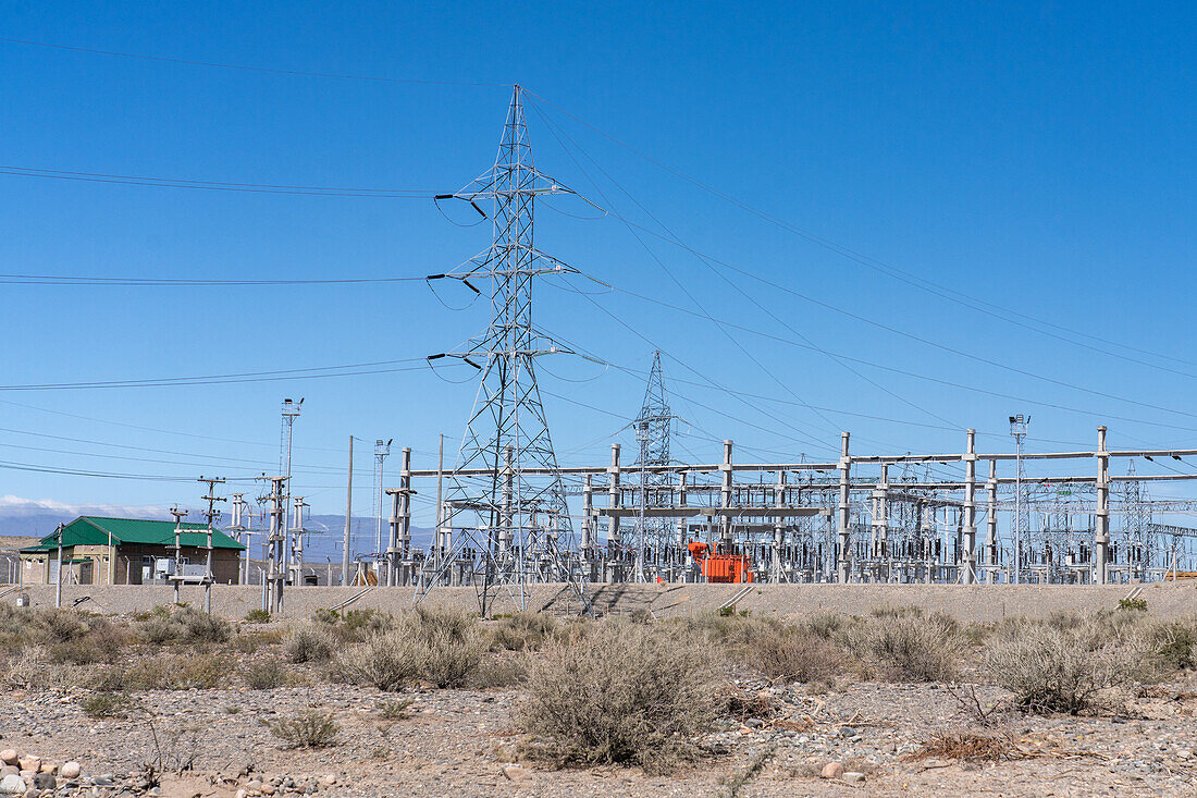 Electrical power substation and transmission lines in San Juan Province, Argentina.