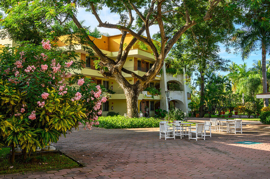 Hotel Garza Canela courtyard in San Blas, Riviera Nayarit, Mexico.