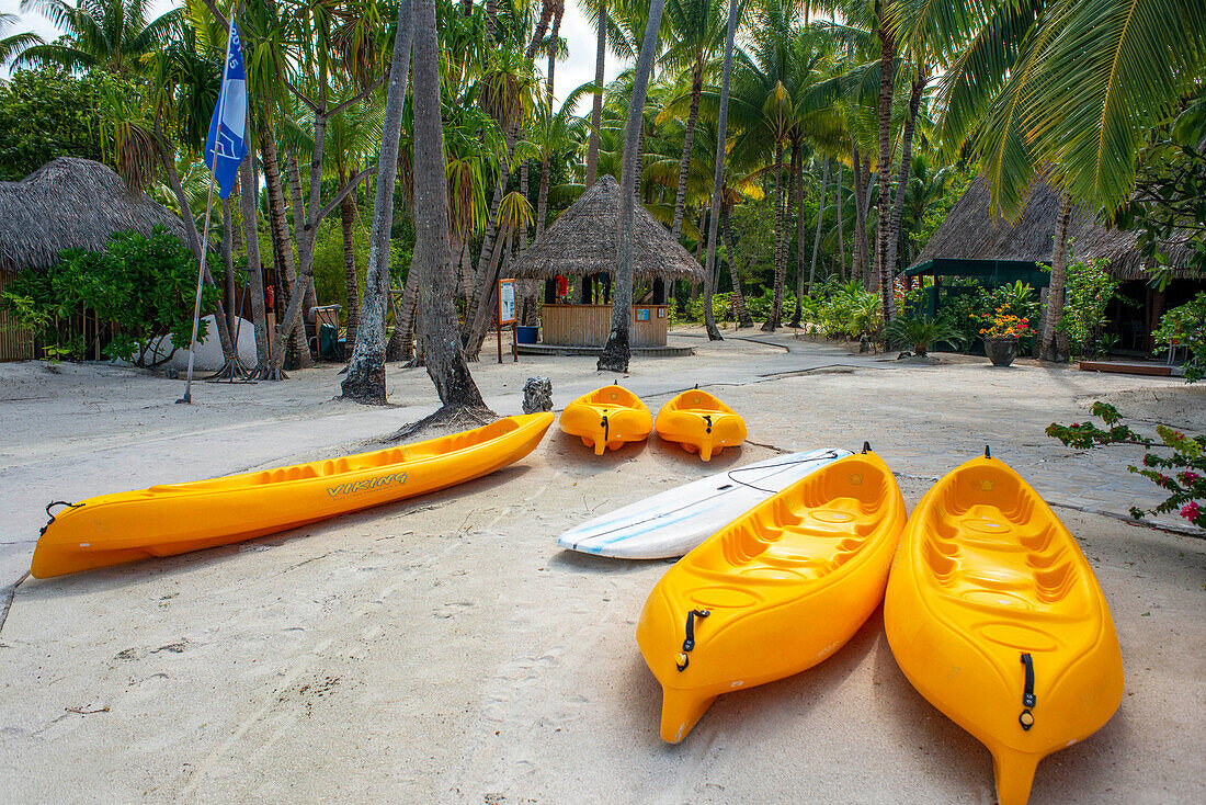 Kayaks in Le Bora Bora by Pearl Resorts luxury resort in motu Tevairoa island, a little islet in the lagoon of Bora Bora, Society Islands, French Polynesia, South Pacific.