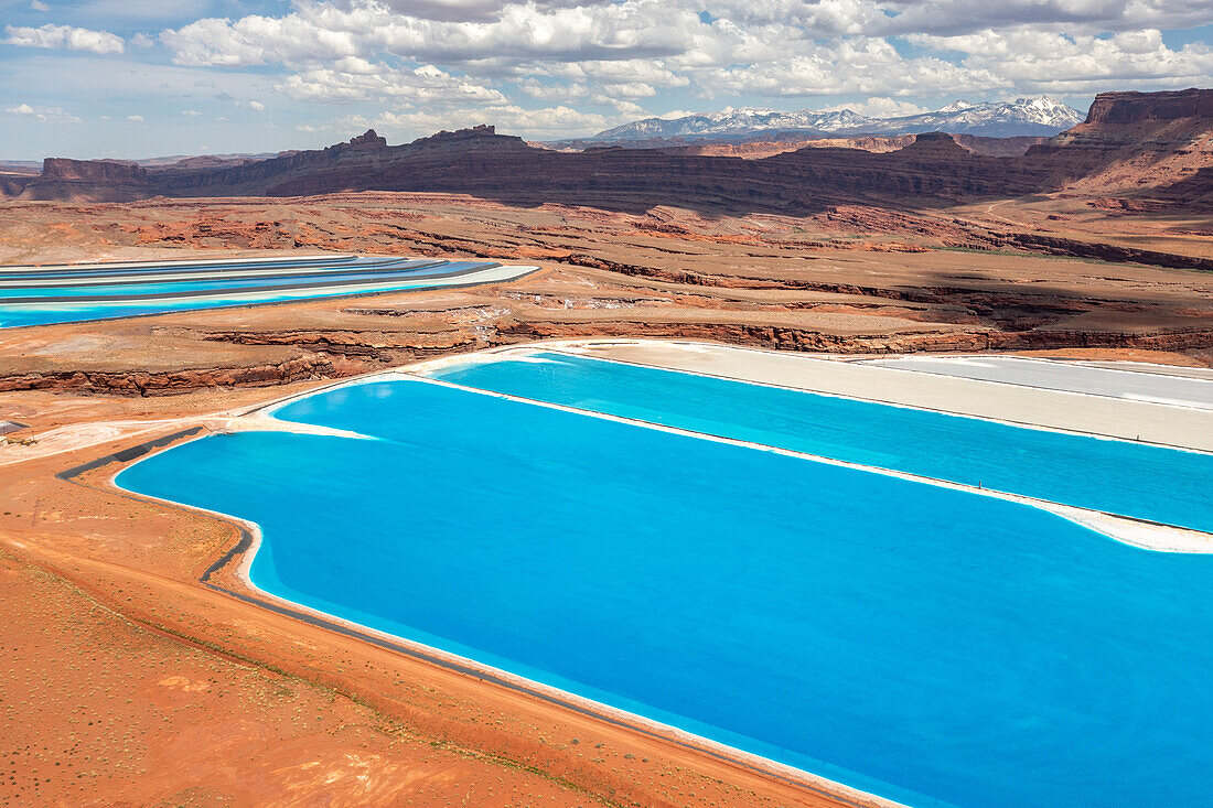 Evaporation ponds at a potash mine using a solution mining method for extracting potash near Moab, Utah. Blue dye is added to speed up evaporation.