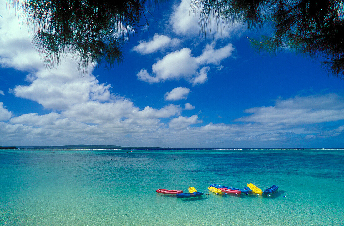 Kayaks in lagoon at Pacific Islands Club resort, Saipan, Northern Marianas Islands, Micronesia..