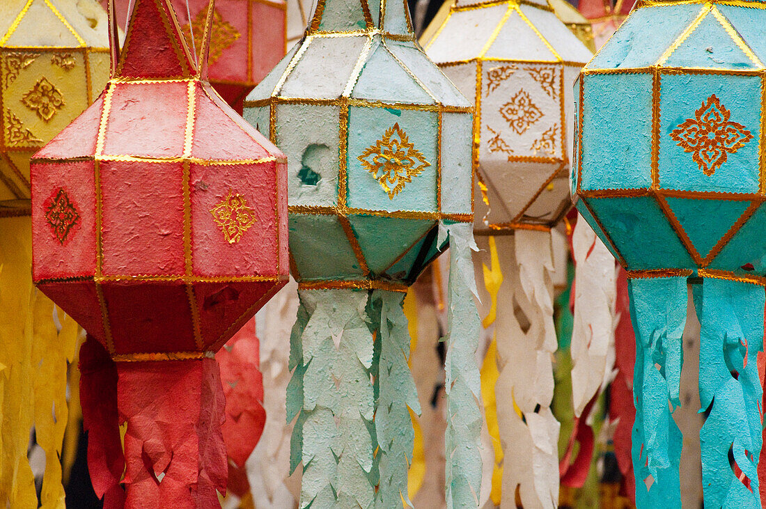 Paper lanterns at Wat Phan Tao Buddhist temple in Chiang Mai, Thailand.