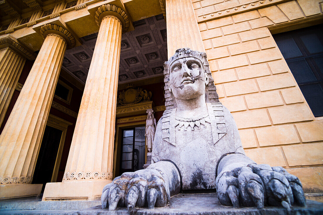 Palermo Botanical Gardens (Orto Botanico), statue at the School of Botany building, Sicily, Italy, Europe. This is a photo of a statue at the School of Botany building, Palermo Botanical Gardens (Orto Botanico), Sicily, Italy, Europe.