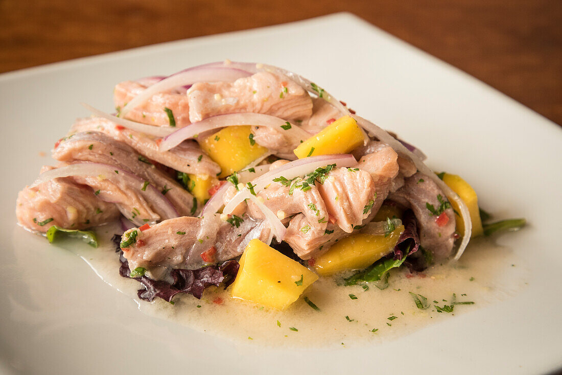 Mango and trout ceviche at Greens Organic Restaurant in Cusco, Peru.