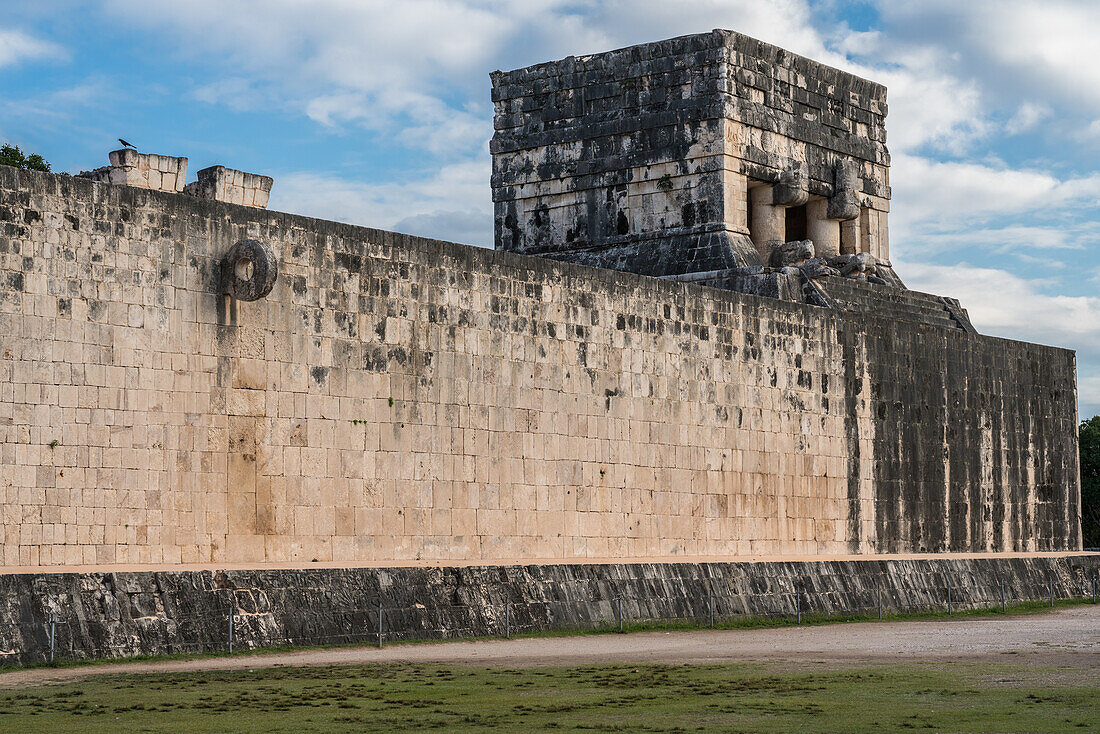 The Upper Temple of the Jaguar overlooking the Great Ball Court in the ruins of the great Mayan city of Chichen Itza, Yucatan, Mexico. The Pre-Hispanic City of Chichen-Itza is a UNESCO World Heritage Site.