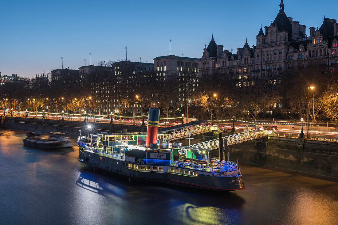 Tattershall Castle, a boat restaurant on the River Thames, Embankment, London, England