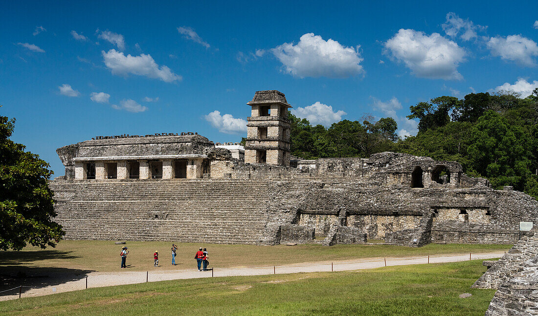 The Palace with its tower in the ruins of the Mayan city of Palenque, Palenque National Park, Chiapas, Mexico. A UNESCO World Heritage Site.