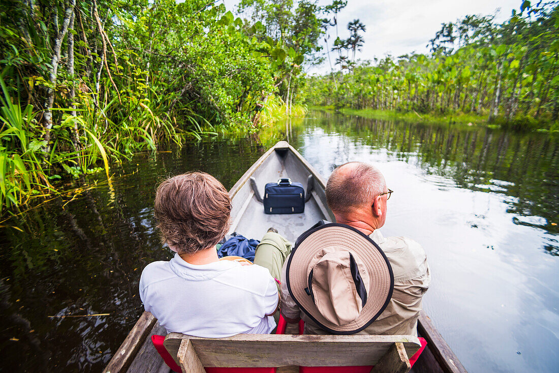 Dugout canoe ride in the Amazon Rainforest, Coca, Ecuador, South America