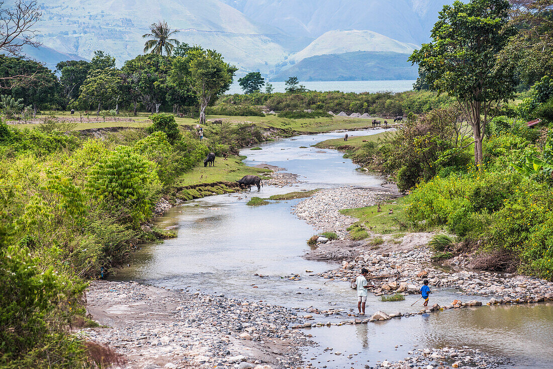 River life at Lake Toba (Danau Toba), the largest volcanic lake in the world, North Sumatra, Indonesia