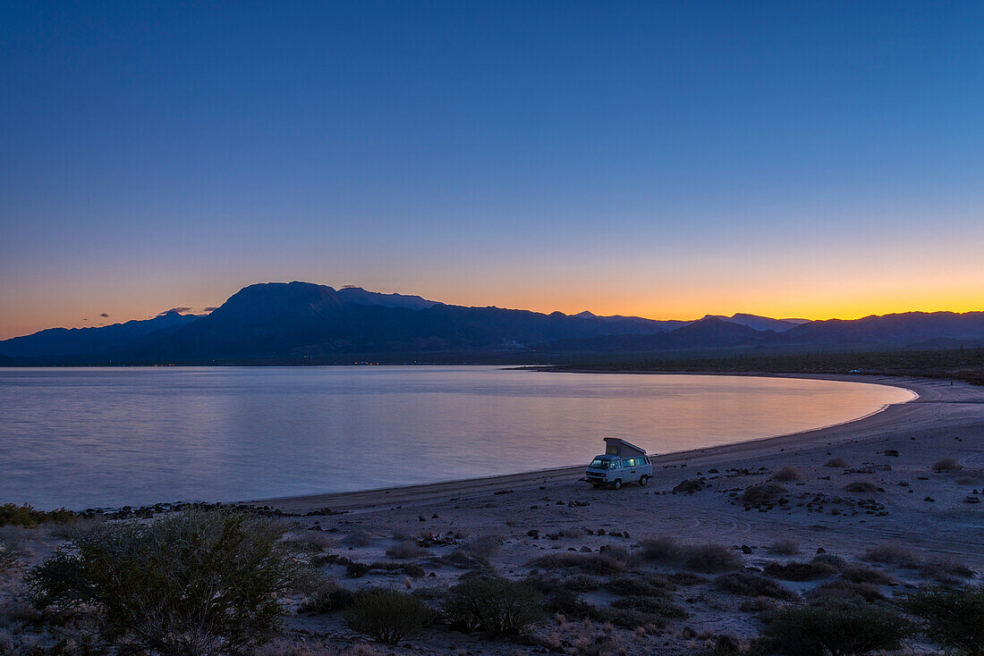 Volkswagon Westfalia camped at La Gringa beach, Bahia de los Angeles, Baja California, Mexico.