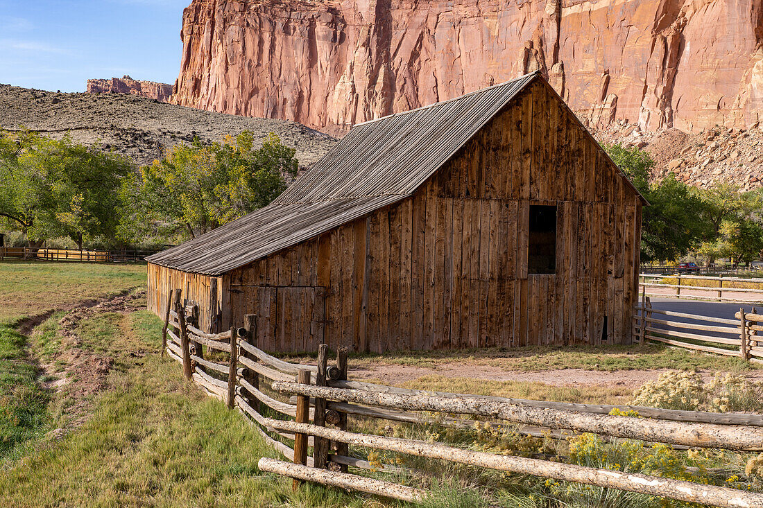 Historic Pendleton barn in the small pioneer farming community of Fruita, now in Capitol Reef National Park, Utah. The barn is over 100 years old.