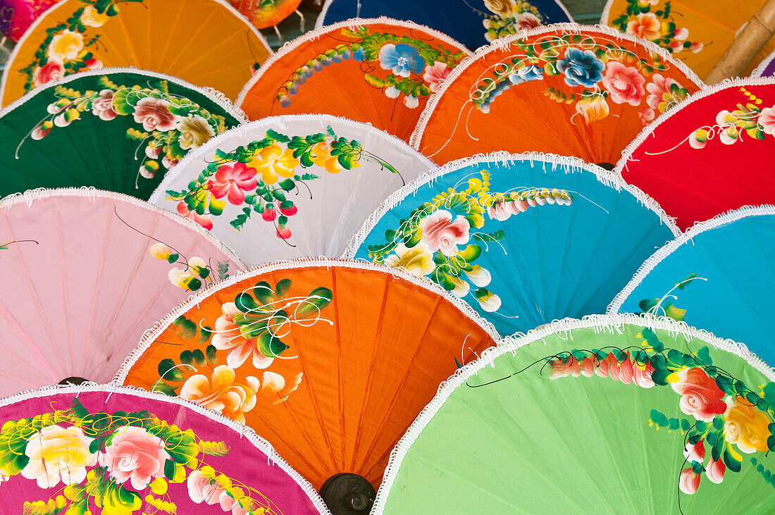 Hand-painted umbrellas for sale at The Umbrella Factory in Chiang Mai, Thailand.